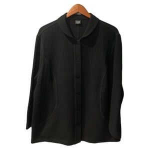 Eileen Fisher Woman Long Sleeve Button Up Waffle Knit Black Jacket- Large